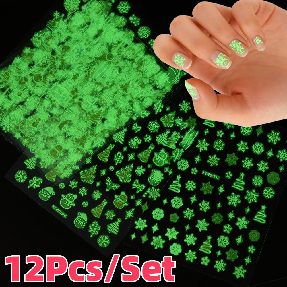 12Pcs/Set 3D Luminous Christma - Nail Art Xmas Tree ulasan dan harga
